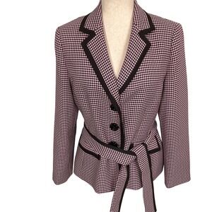 Kasper Blazer Women 10P Pink Black Houndstooth Executive‎ Office Belted Jacket